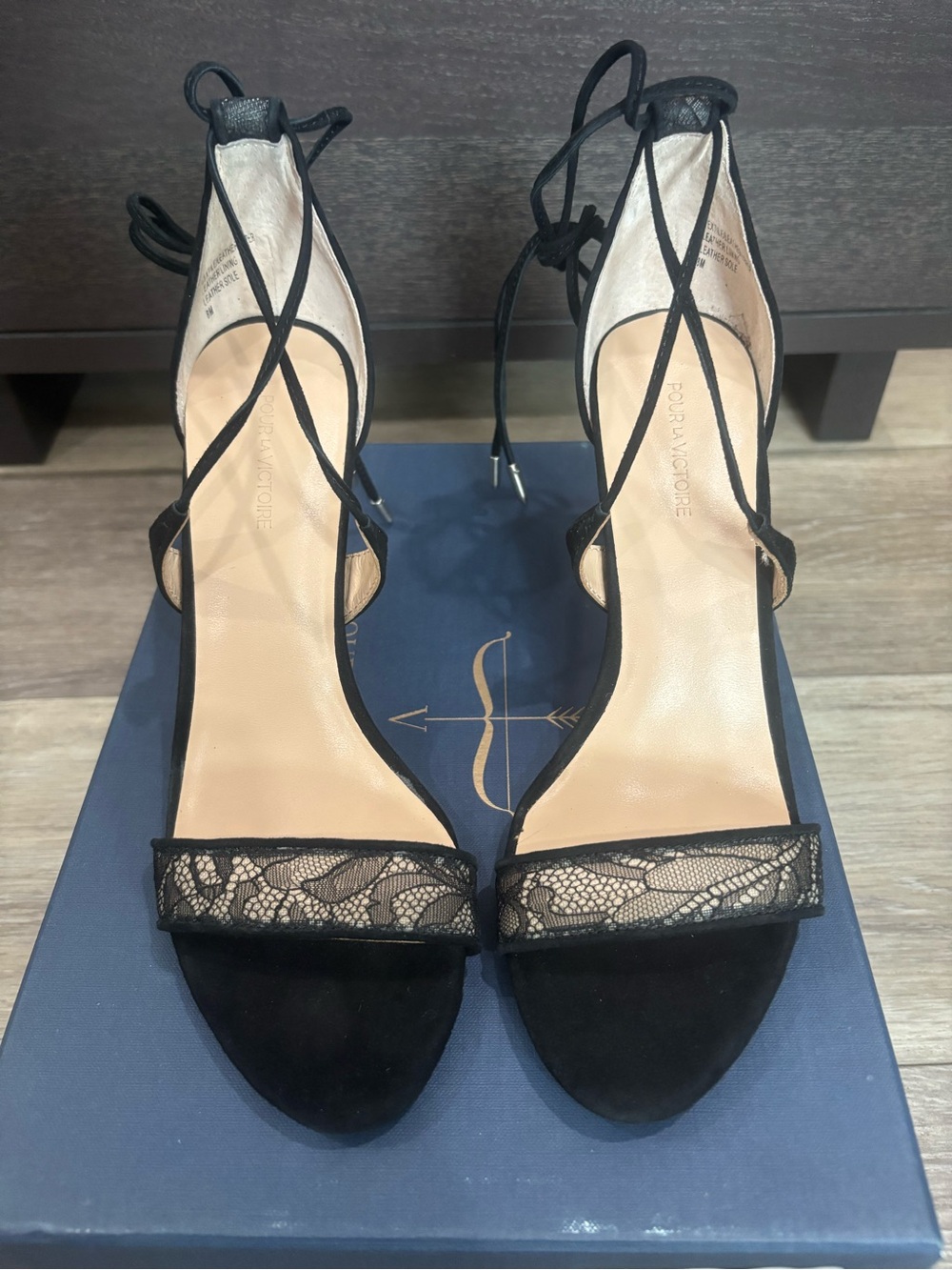 Pour La Victoire Black Lace Suede Ankle-Tie Heels